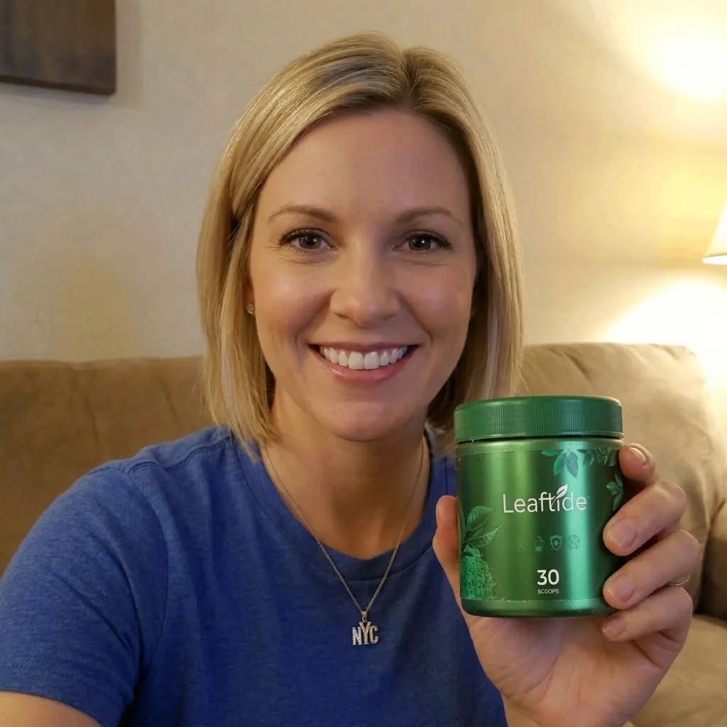 Smiling customer holding a green LeafTide Powder jar with 30 scoops at home